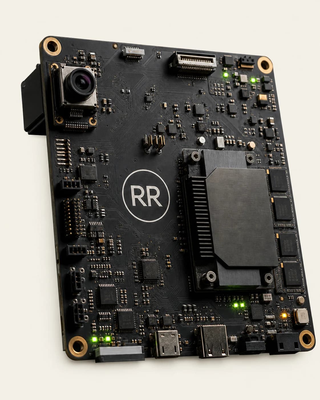 A black AI circuit board bearing the Riverside Robots RR mark
